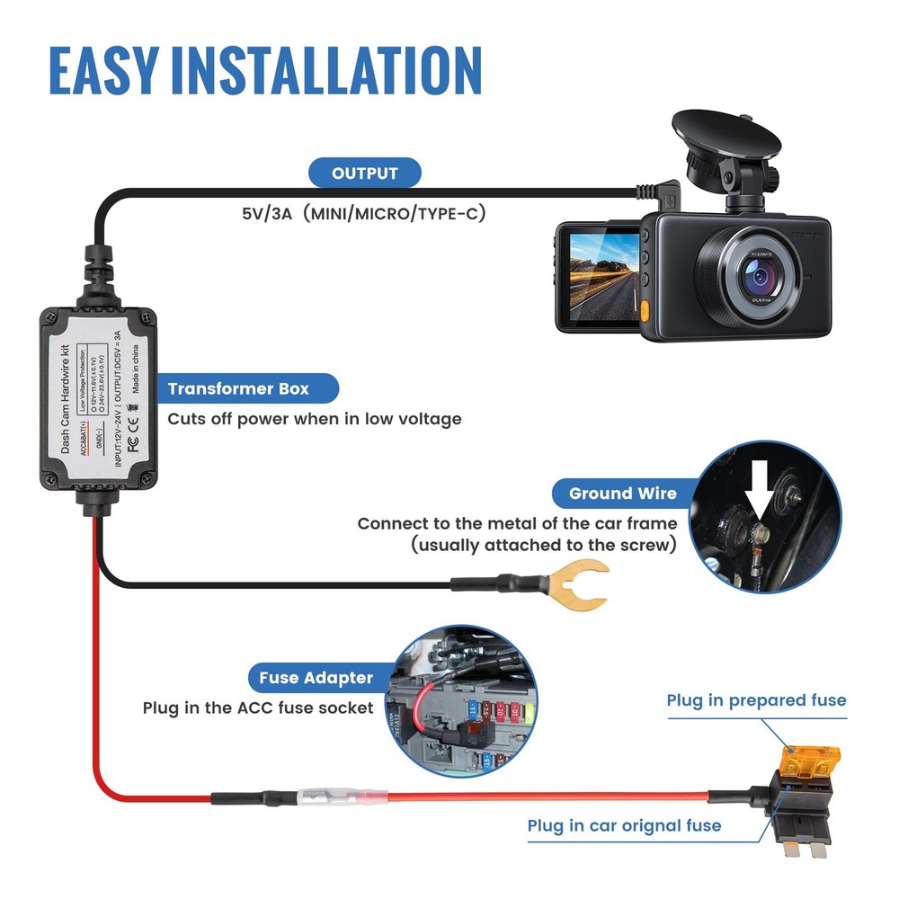 3-in-1 Micro USB & Mini USB Type-C Dash Cam Hardwire Kit Car Charging Power C...