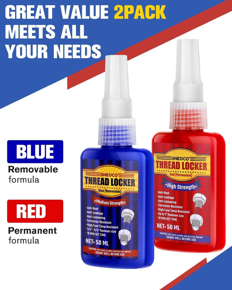 Thread Lock Blue and Red, Threadlocker Medium and Strong Strength, Thread Locker