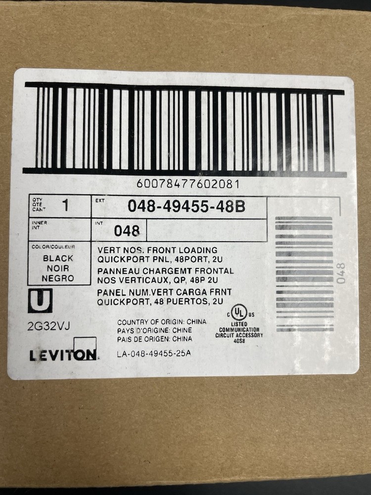 Leviton 048-49455-48B QuickPort Patch Panel 48-Port 2U Front Loading 19 in