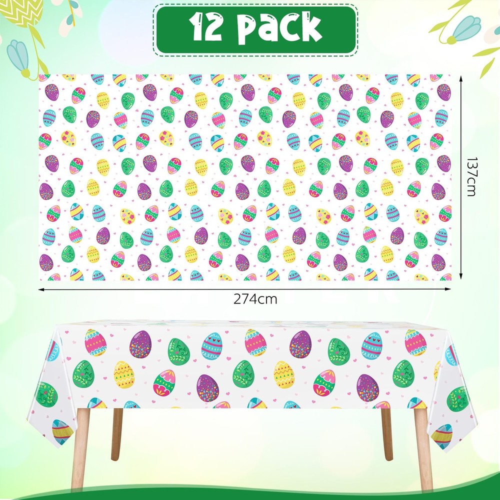 12 Pieces Easter Eggs Plastic Tablecloths Colorful Disposable Rectangle Easte...