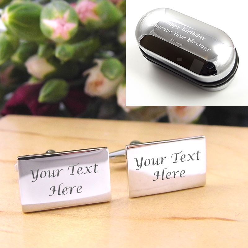 Engraved Personalised Silver Rectangle Wedding Cufflinks - Any Text ENGRAVED