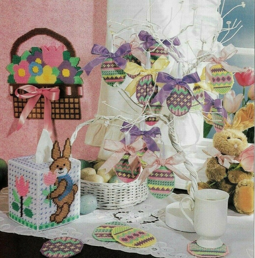 EASTER ENSEMBLE EGG COASTERS BUNNY TISSUE PLASTIC CANVAS PATTERN INSTRUCTIONS