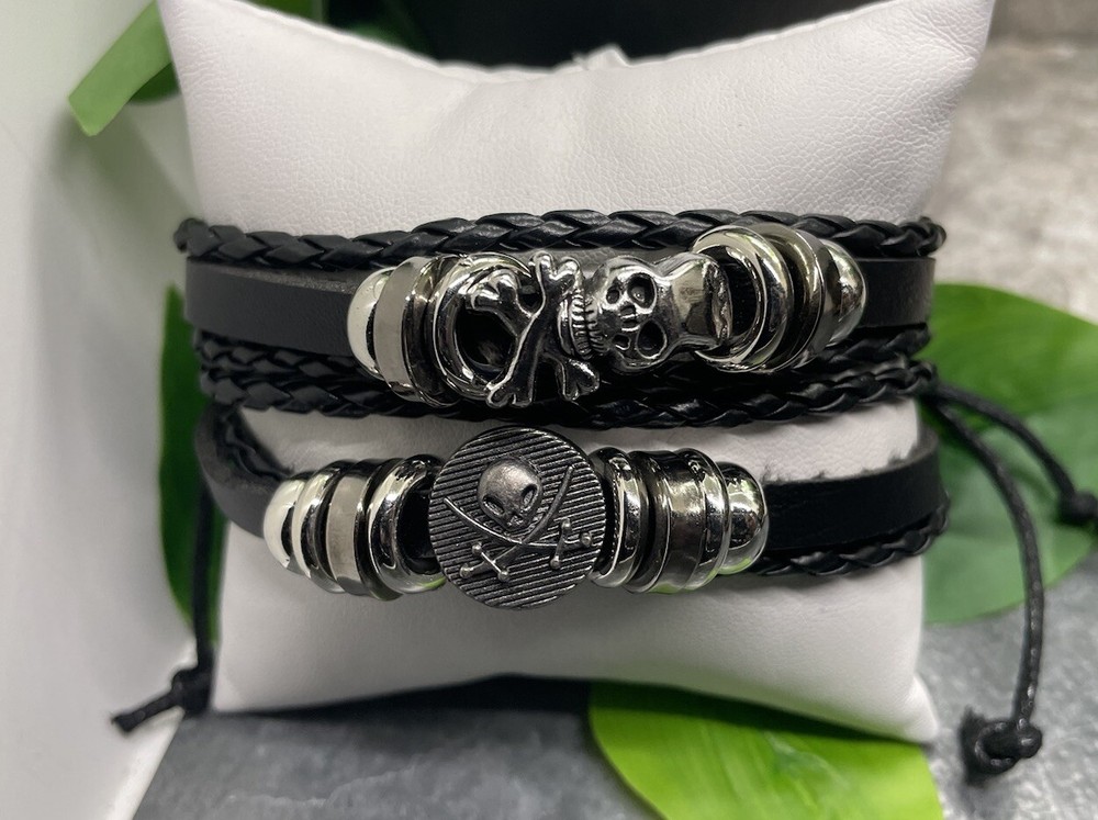 2 PC Leather Bracelet  Stackable Adjustable Tie Free Ship Skull  B3279