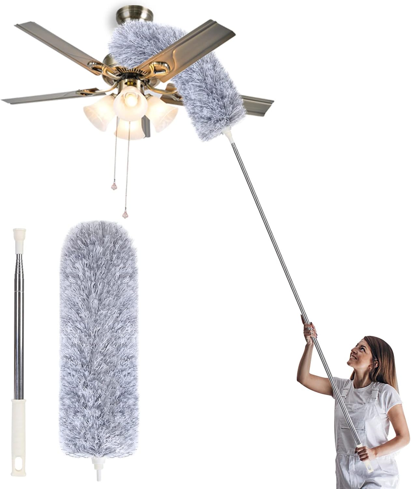 Microfiber Duster with Extension Pole,Washable Bendable Head Ceiling Fan Duster,