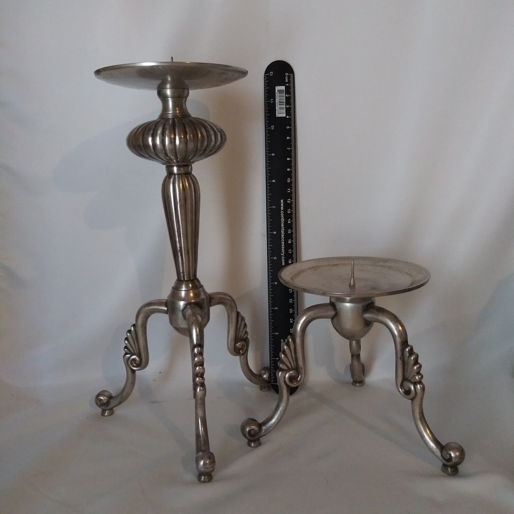 Deco Rocket Style Set Heavy Silvertone Pillar Candlestick Holders Made in India