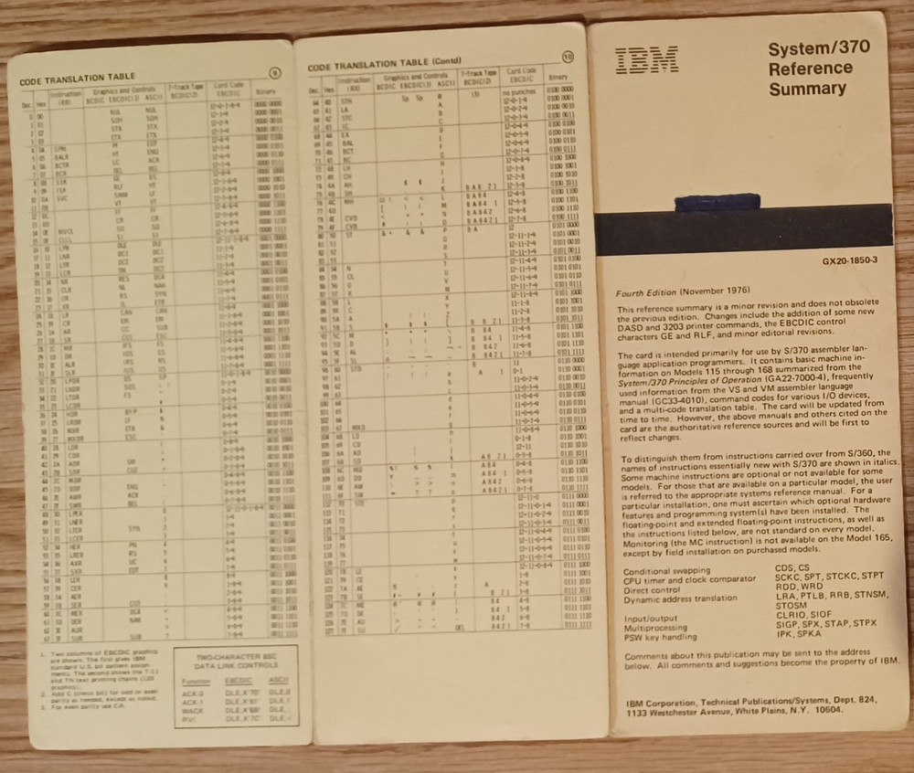 IBM System/370 Reference Summary 1978 Fourth Edition Vintage Mainframe Guide