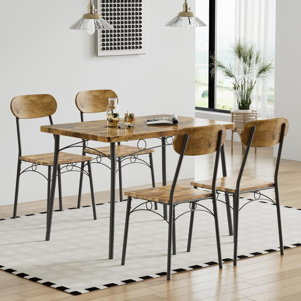 Dining Table Set for 4, 5-Piece Kitchen Table with 4 Chairs, MDF Board Tabletop