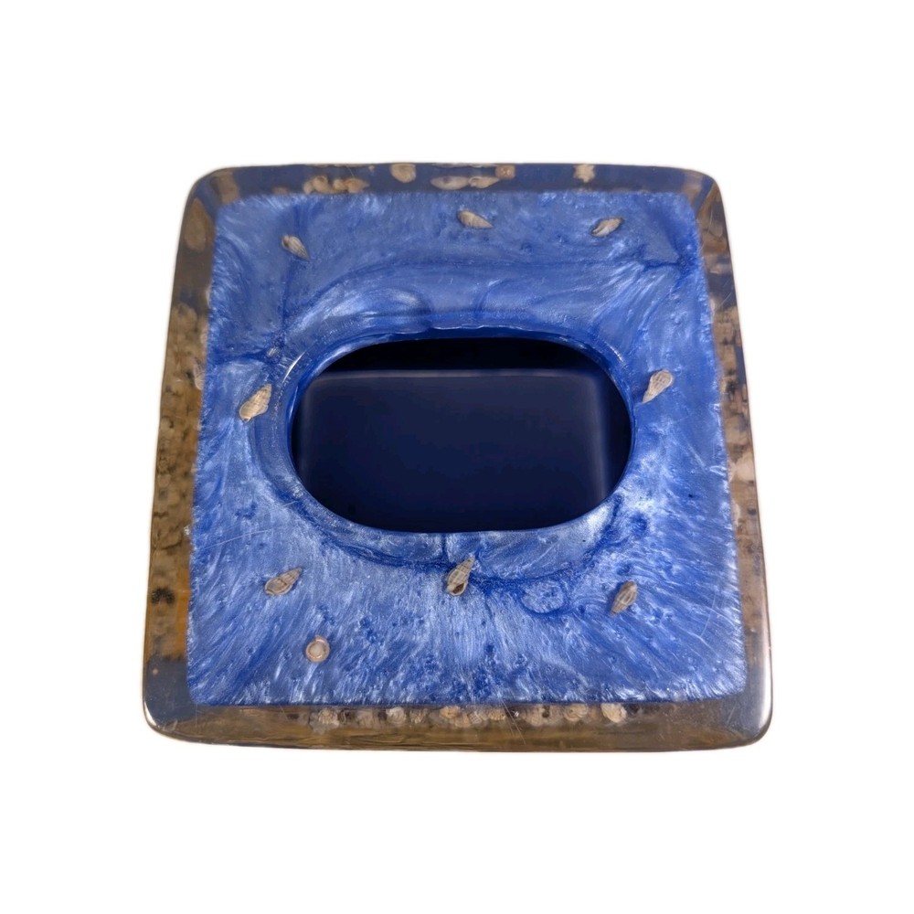Blue Acrilic Shell Tissue Box Cover. Marbleizing W Fan & Periwinkle Shells Beach