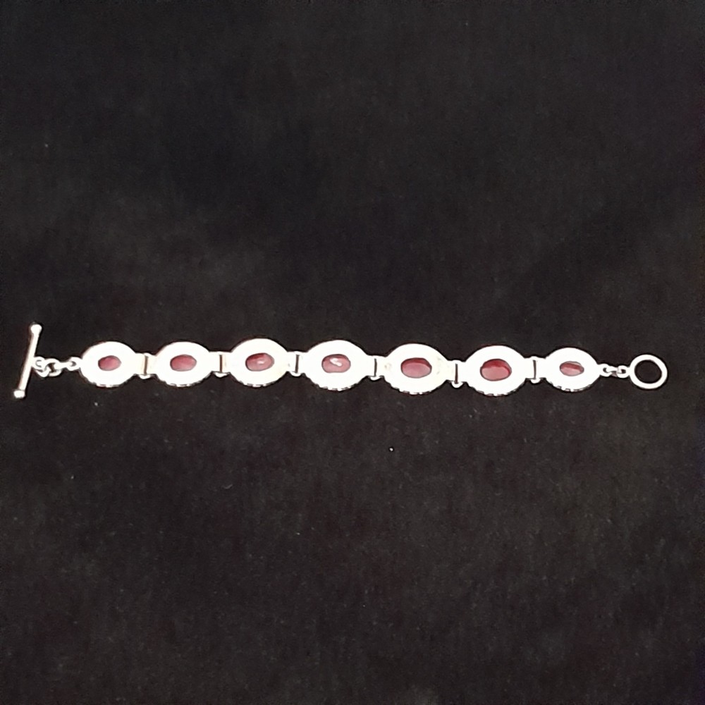 925 Sterling Silver Red Ruby Oval Faceted Panel Link Bracelet Toggle