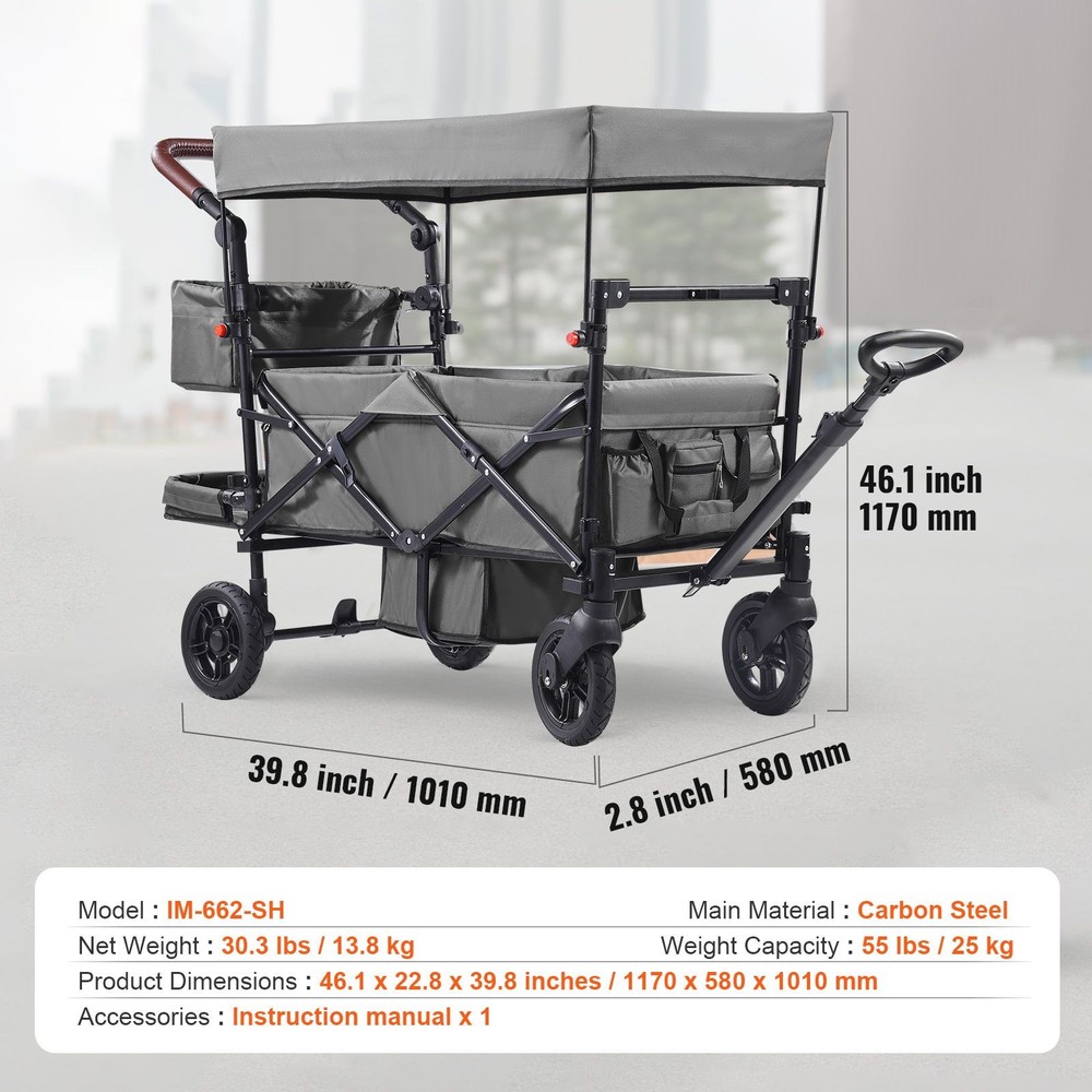 Wagon Stroller for 2 Kids, Push Pull Quad Collapsible Stroller with Adjustable H