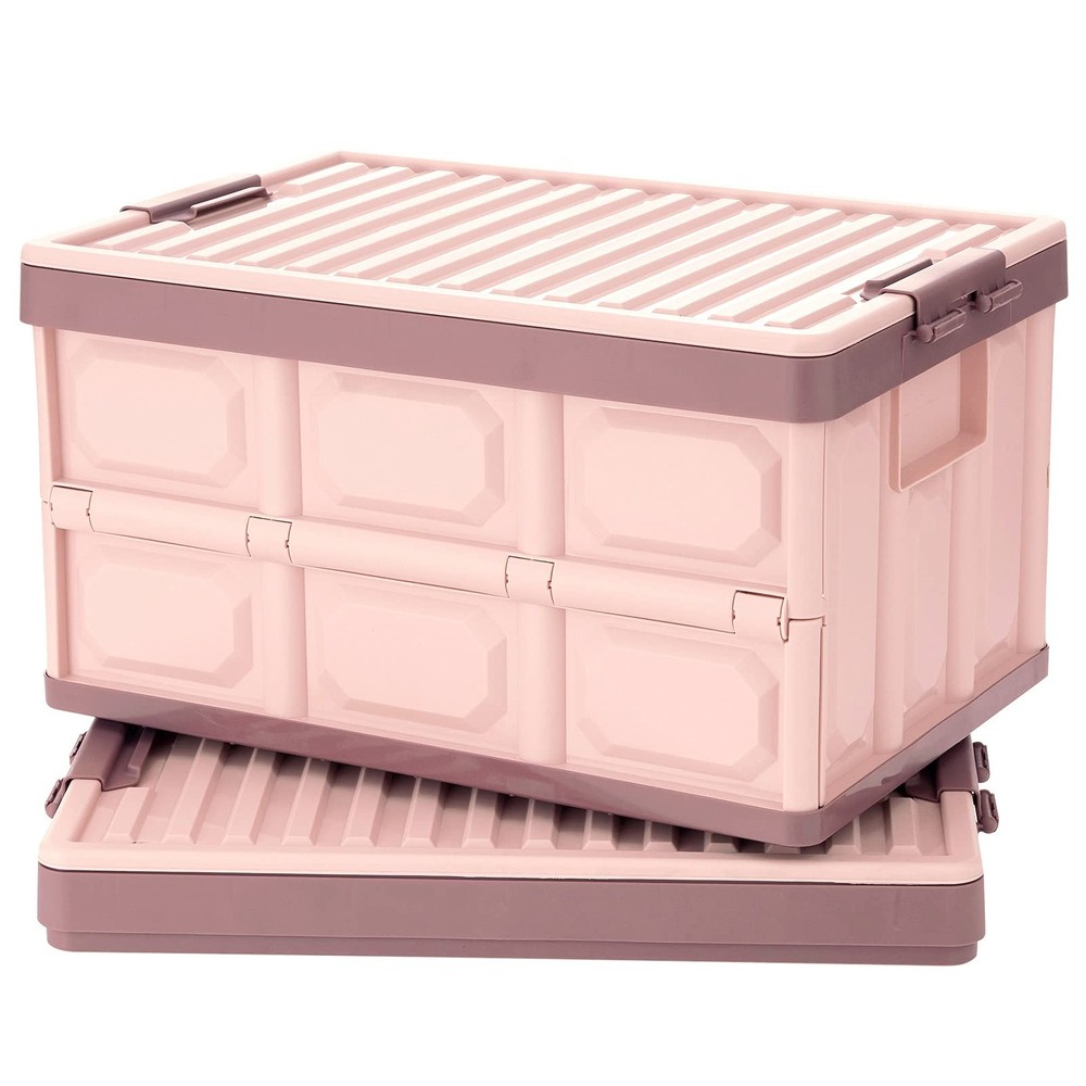 Pink Collapsible Storage Bins with Lids 2-Pack, Folding Plastic Stackable Uti...