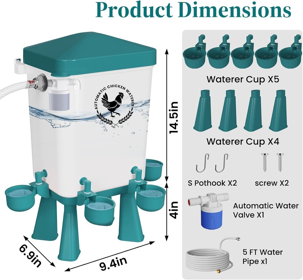 Chicken Waterer, 3 Gallons Automatic Chicken Waterers with 5Ft Pipe, Float Contr