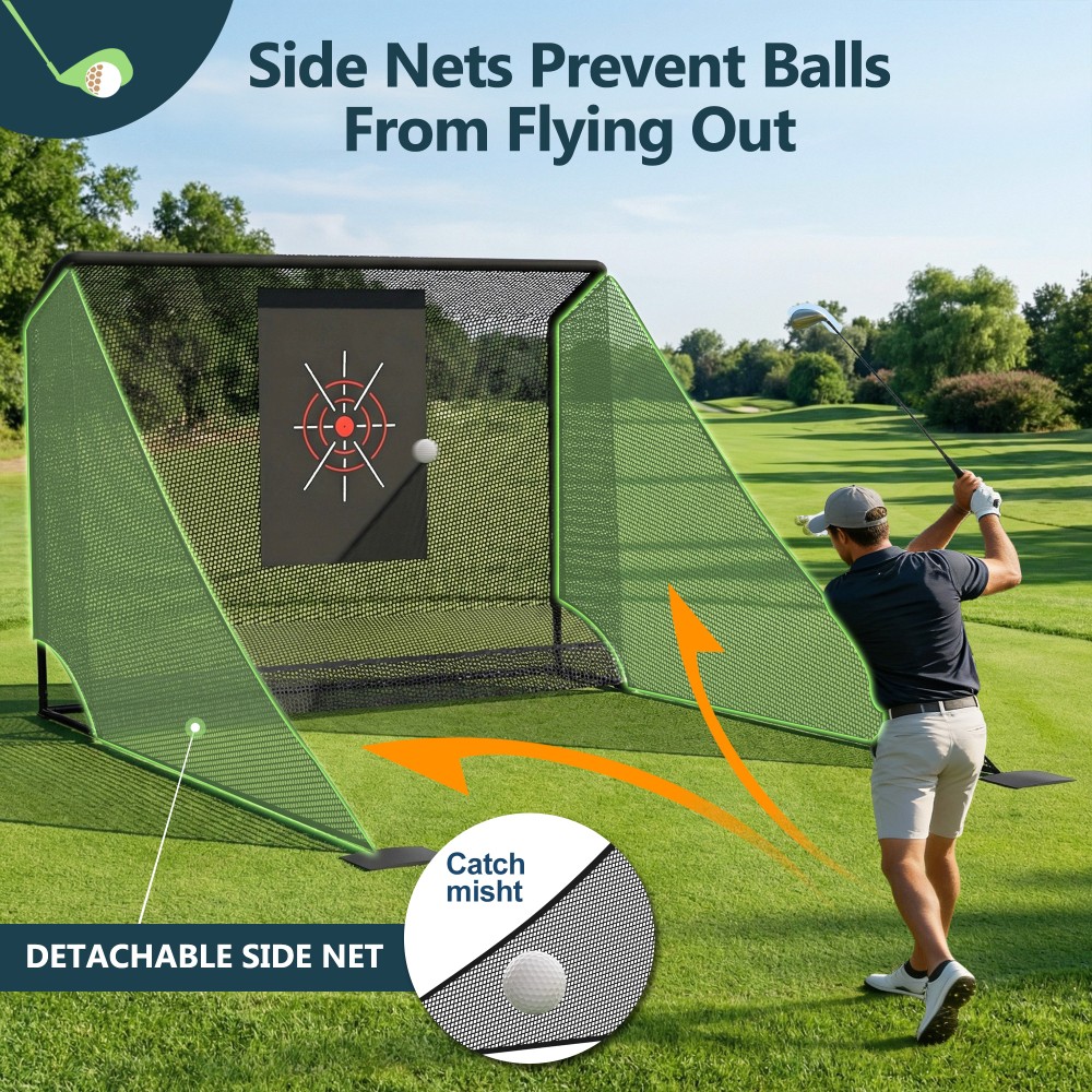 Golf Practice Net 10x7ft, Auto Ball Return Enclosure with Side Barriers Black