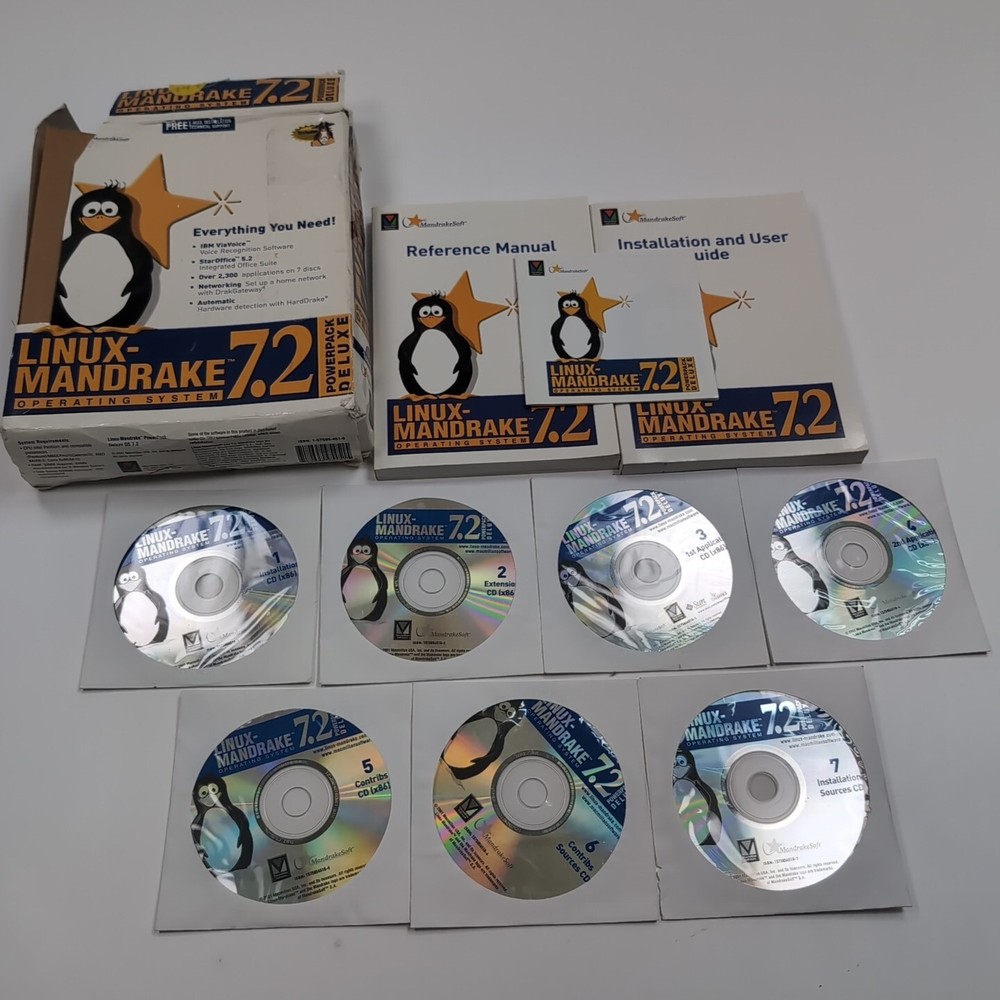 Linux Mandrake 7.2 Deluxe 2001 Operating System Software Big Box 7 CD'S Manuals