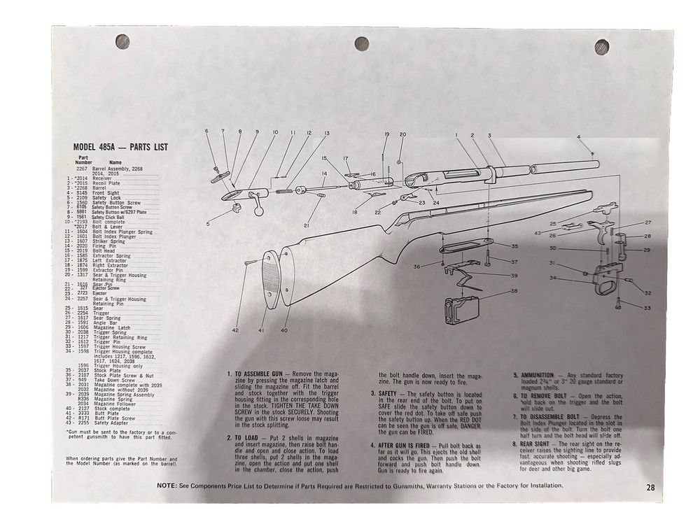 1970s MOSSBERG Model 485A Parts List