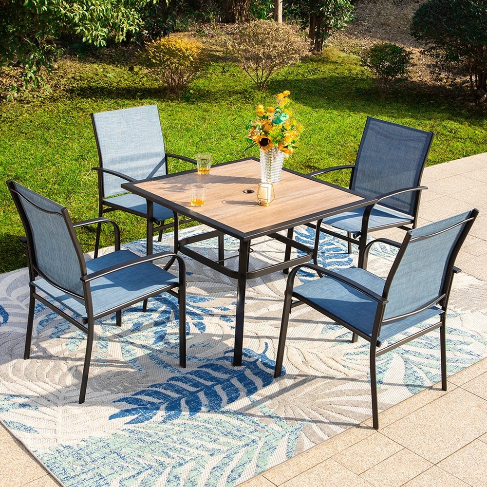 PHI VILLA 5 Piece Outdoor Dining Set Patio Table Chairs Set Stackable Chairs