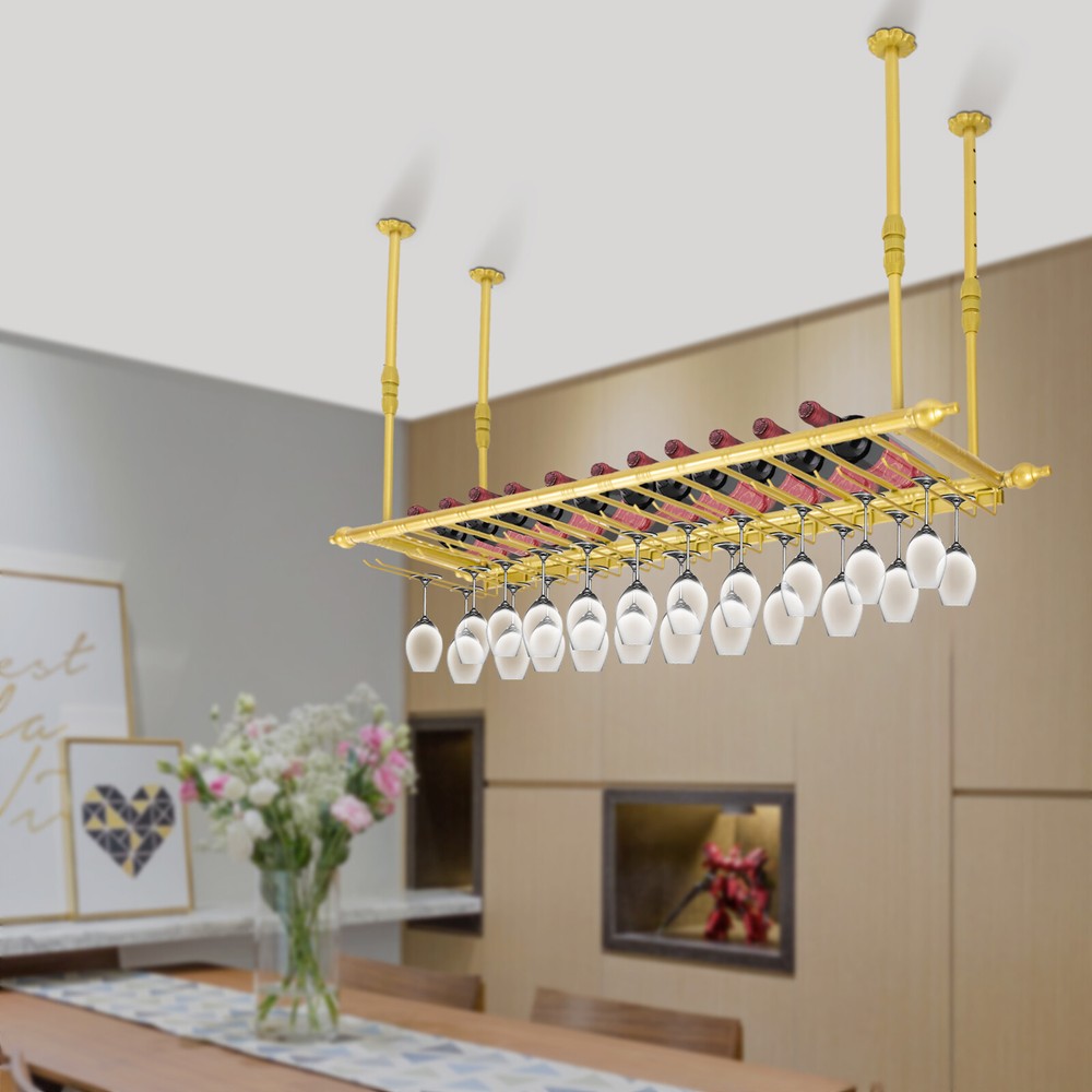 Rustic Wine Rack Wall Mounted with Cup Holder,Ceiling Mounted Adjustable Shelf