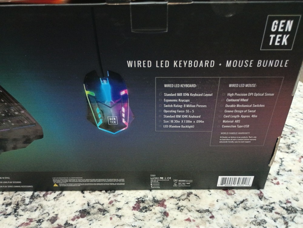 GenTek USB Wired LED Backlit Keyboard & Mouse Bundle. Color Play series. NIB