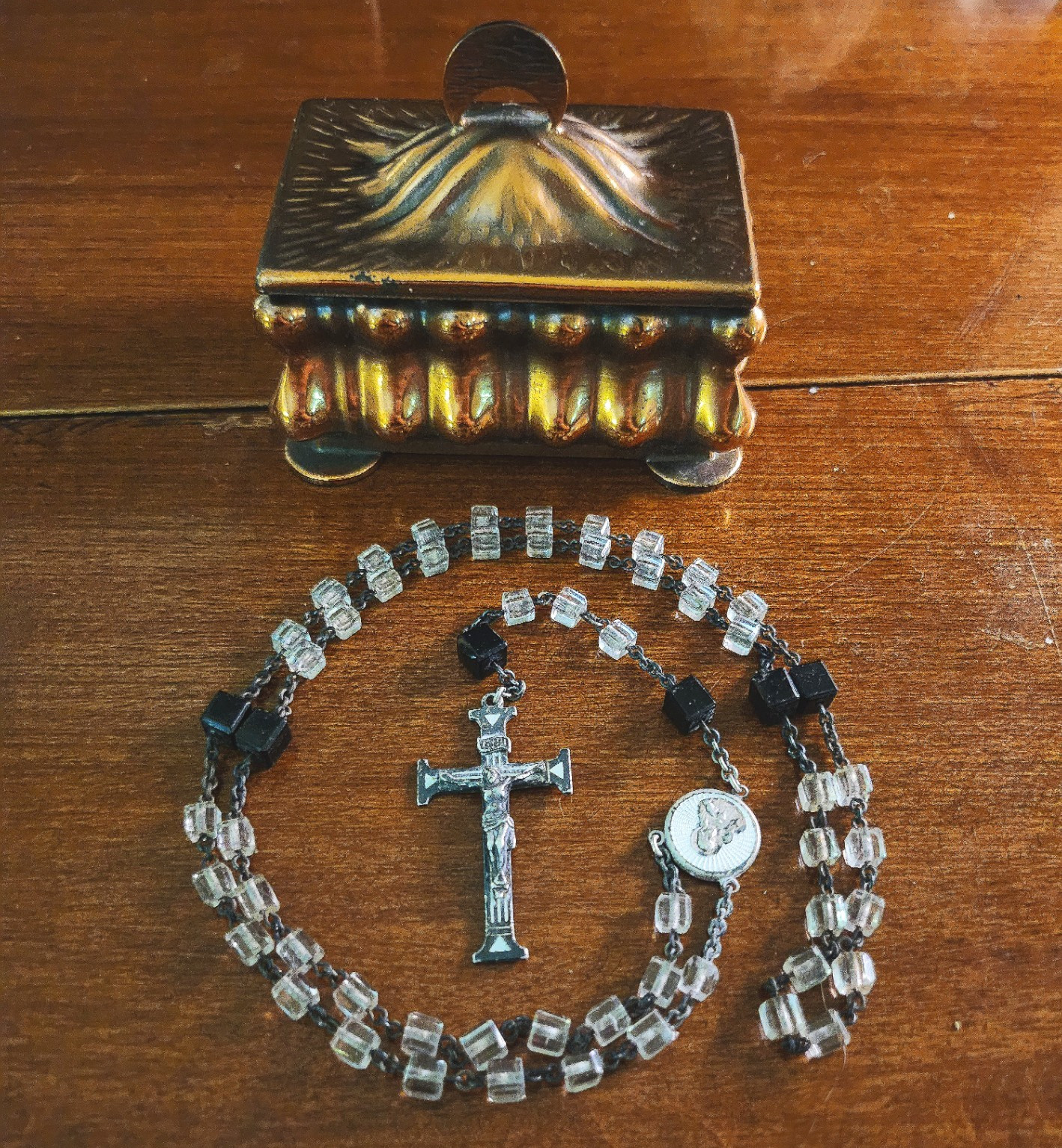 Antique Swift & Fisher Sterling Silver White Enamel Rosary & Vtg Art Nouveau Box