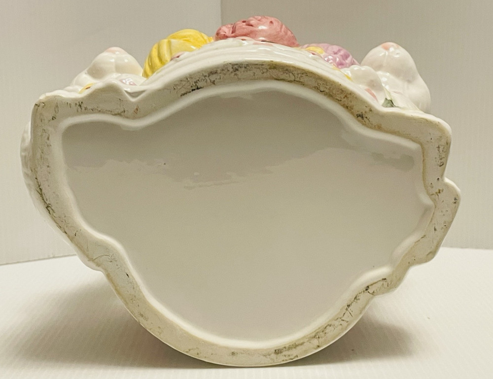 Ceramic Easter Egg Basket with Bow Handle Spring Bouquet and 2 Bunnies/Rabbits.