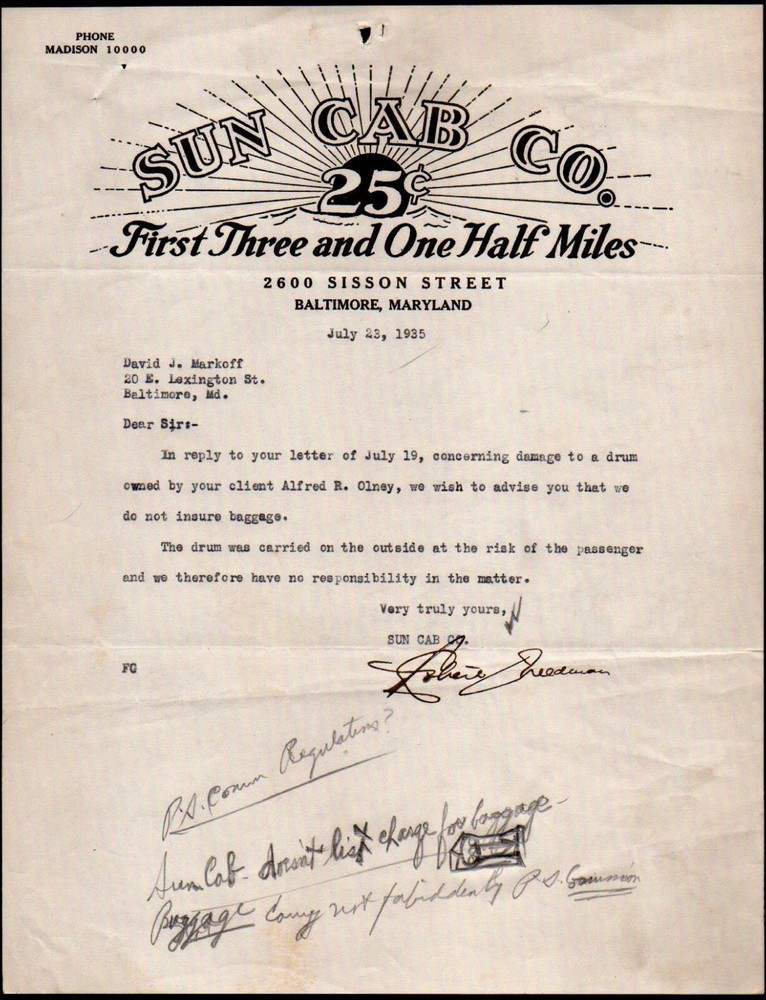 1935 Baltimore Md - Sun Cab Co - First Three & One Half Miles - Letter Head Bill