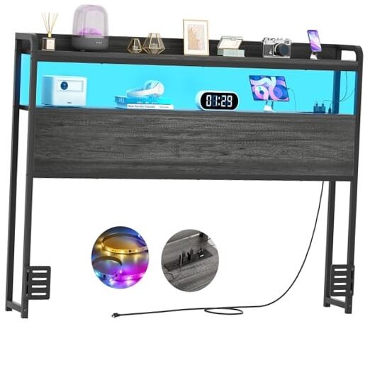 Headboard for Size Bed Frame, Headboards with Outlets, USB Full Black Oak