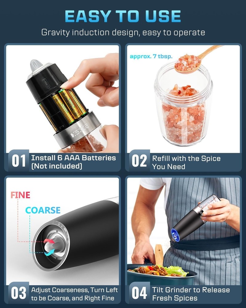 Elegant Black Gravity Sensor Electric Grinder Set - USB Rechargeable Spice Mill