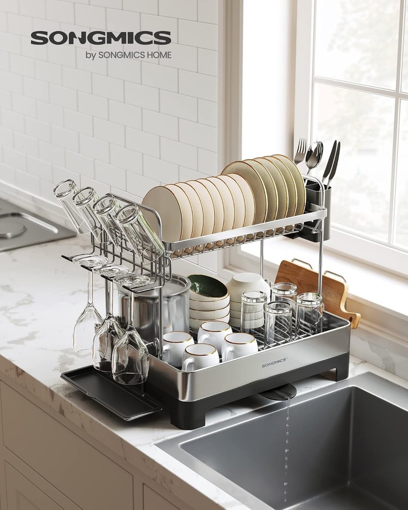 Dish Drying Rack 2 Tier Dish Rack Kitchen Counter W/ Rotatable & Extendable