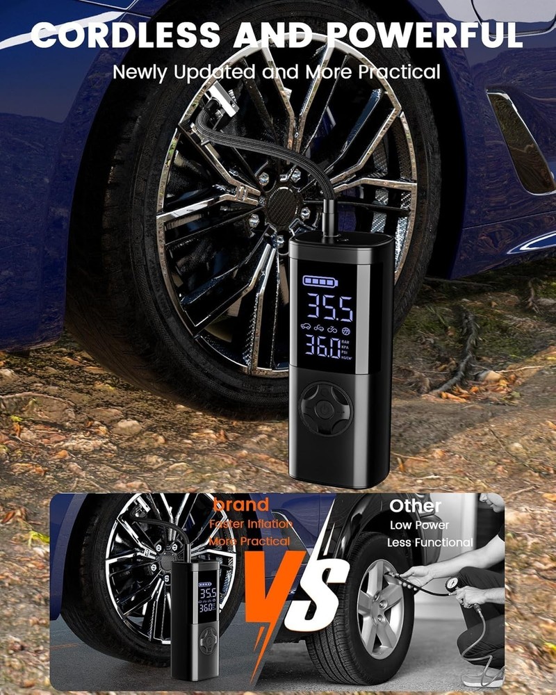 Mini Air Compressor with Emergency LED Light & Cordless Operation for Vehicles