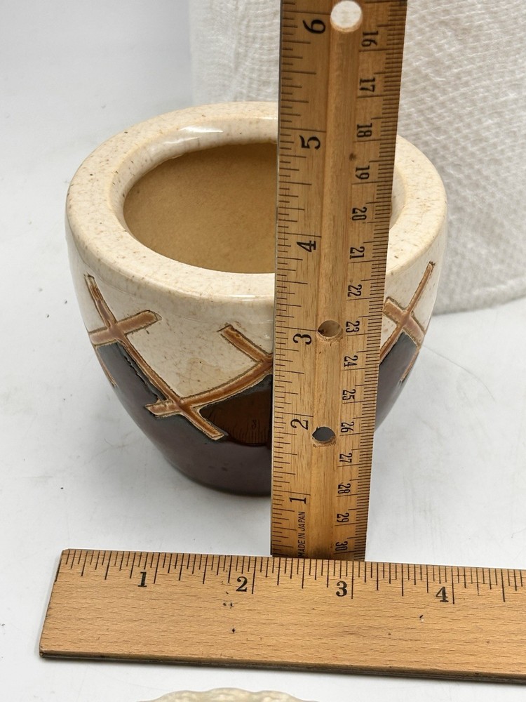 Modernist Studio Art Pottery Sgraffito Teepee Design Planter, Signed/Marked