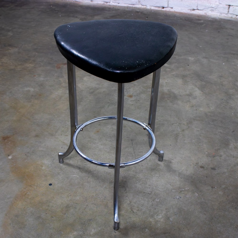 Art Deco Streamline Moderne Low Stool Solid Chrome Legs & Black Vinyl Seat