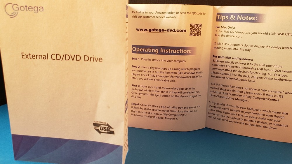 GOTEGA External CD/DVD Drive USER SUPPORT GUIDE Small PAMPHLET Instructions