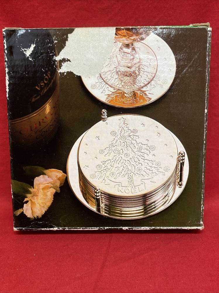 Silver Plated Christmas 7 Pcs Coaster Set Deeply Engraved Christmas Tree
