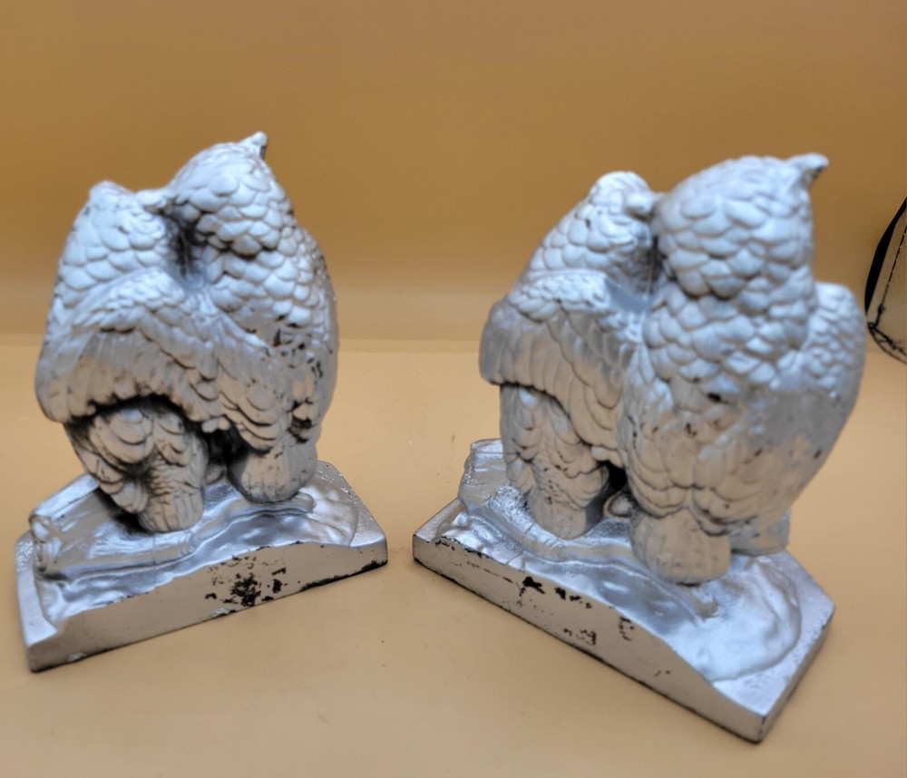 Mid-century Solid Cast Owl Bookends Silver Color