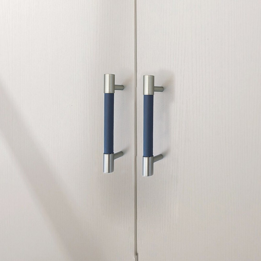 MFYS Navy Blue Leather & Brushed Nickel Cabinet Handle Wardrobe Pull Drawer Pull