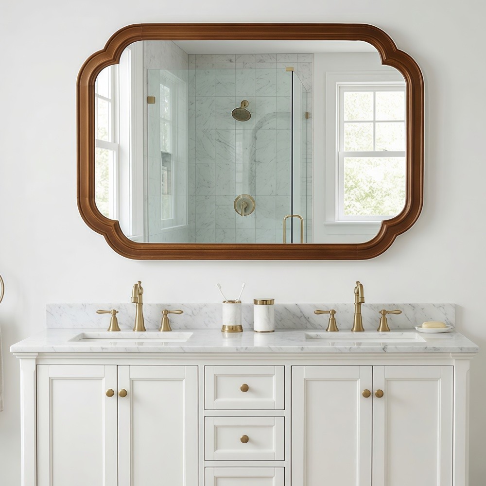 24x36 Solid Walnut Wall Mirror with Tempered Glass, Round Corner Art Deco