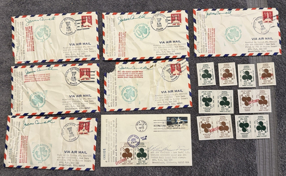 1972 St. Patrick MO Rocket Mail covers (7) + INTERPEX card + 12 labels, crash