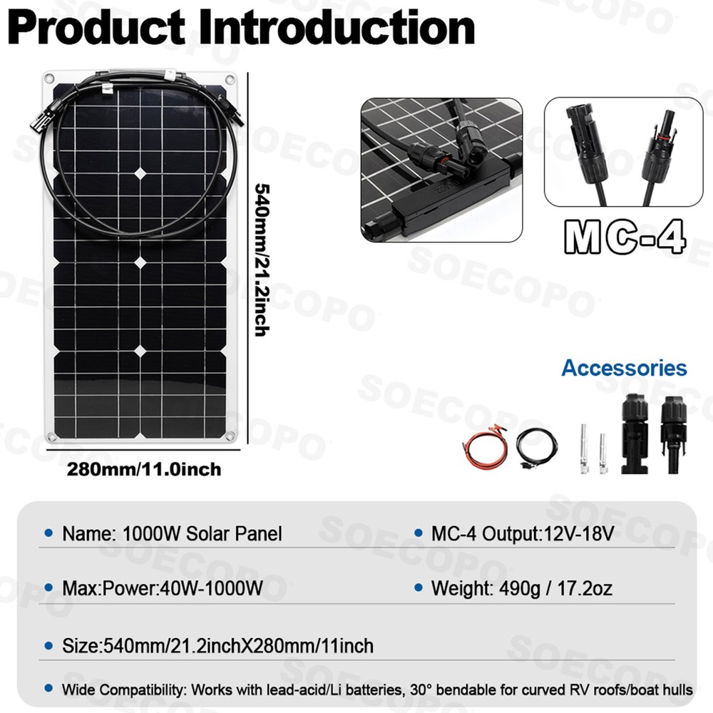 SOECOPO 6000W Solar System Kit Flexible Panel 100A Controller, 12V DC to 110V