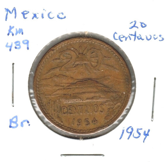 Mexico 20 Centavos, 1954, Bronze, KM 439