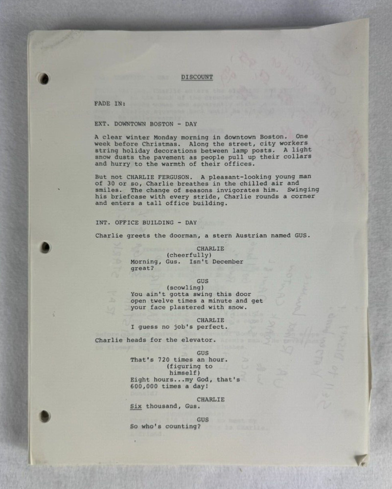 Original Screenplay Pages "Discount" - Typed Script with Handwritten Notes RARE