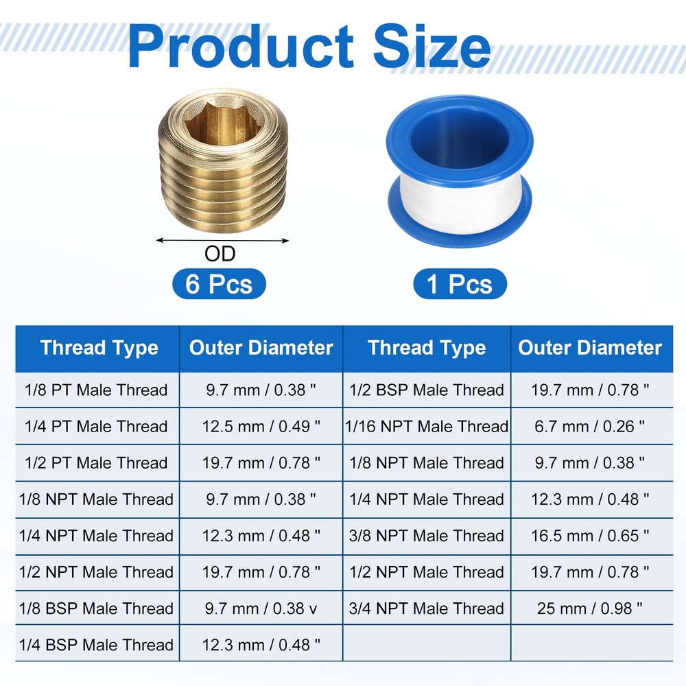 6Pcs 1/4 NPT Brass Pipe Plug Fitting, Male Thread Internal Hex Socket Pipe Cap
