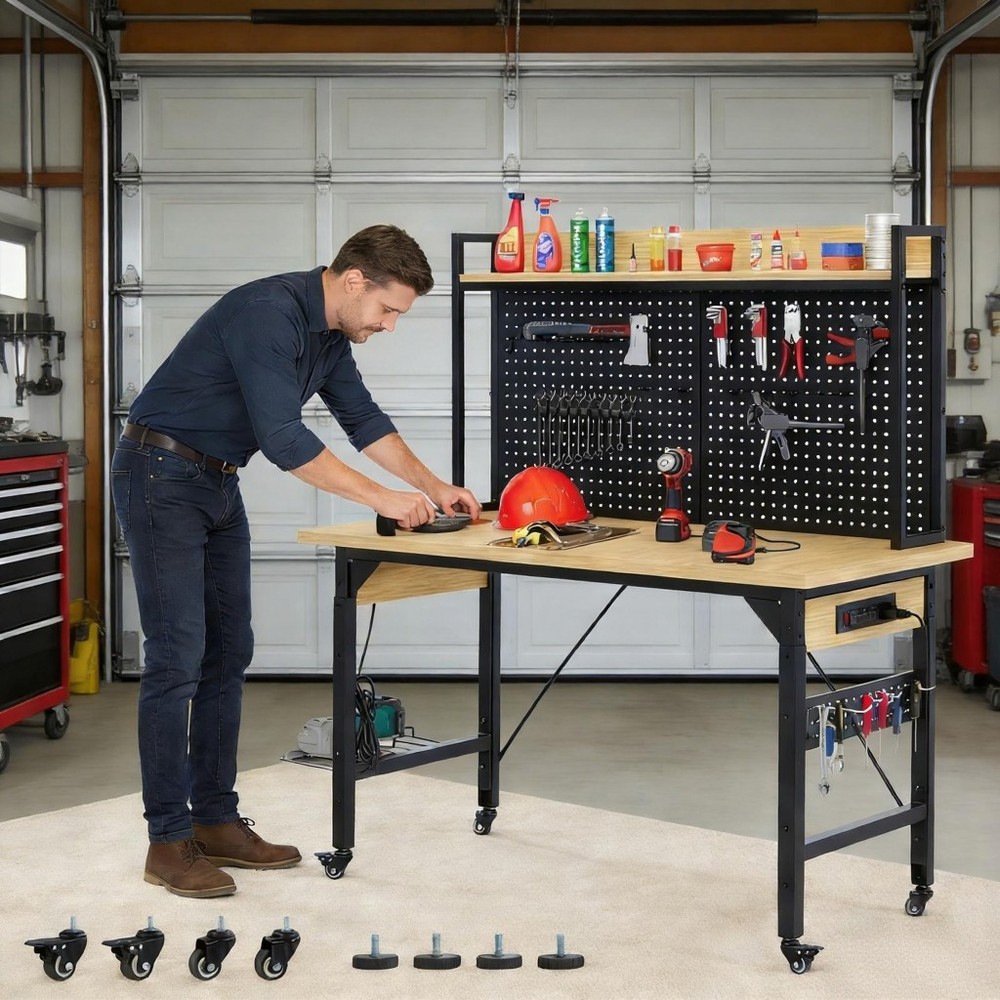 48" Adjustable Rolling Workbench w/ Pegboard Shelf AC/USB Outlet for Workshop