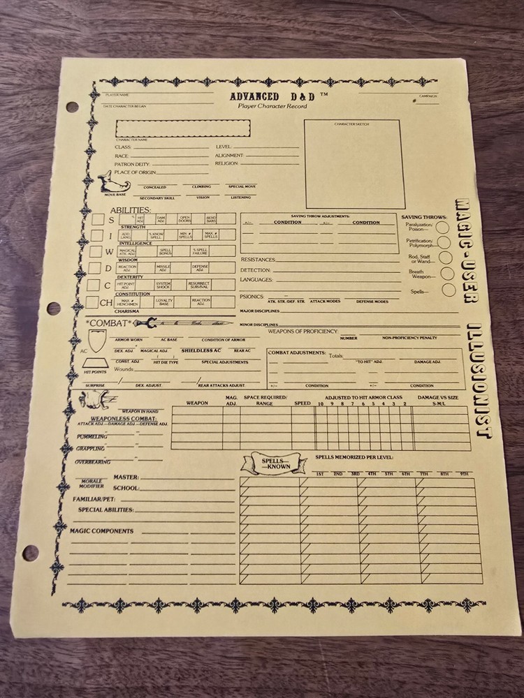 AD&D REF2 Player Character Record Sheet Singles Magic-User/Illusionist TSR