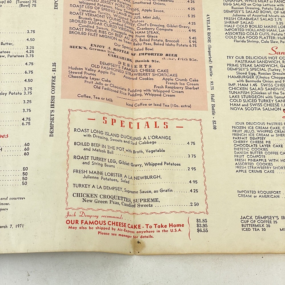 Jack Dempsey’s Restaurant Menu March 7 1971