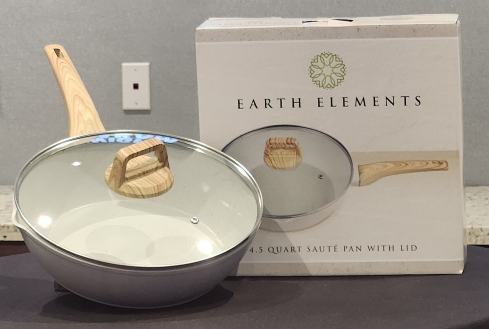 Earth Elements 4.5 Quart Sauté Pan w/ Lid Non-Stick, Cream, Gray Speckle EESS005