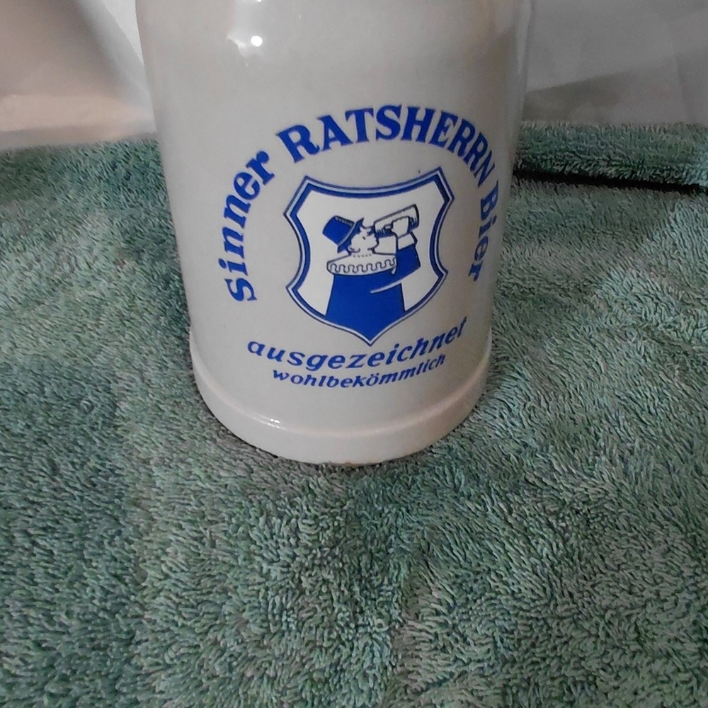 White Ceramic Beer Stein with Blue Crest