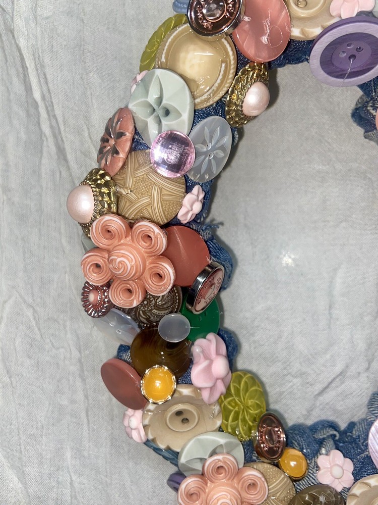 Handmade Oval Wreath 10" Buttons Easter Egg Spring Decor Pastel