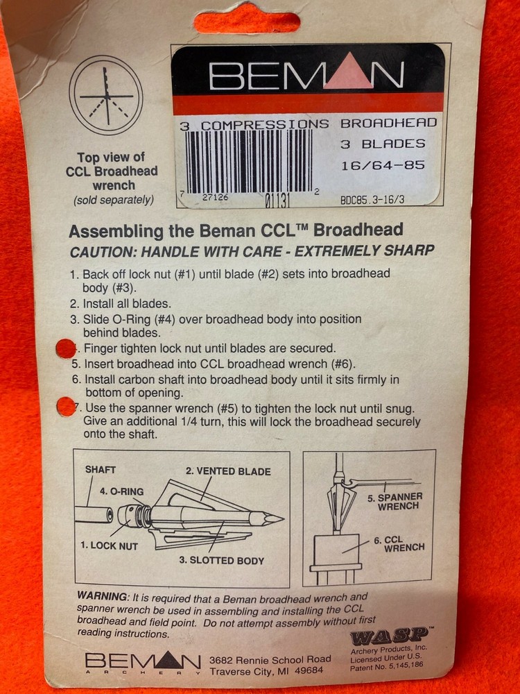 Beman CCL Broadhead System made by WASP 3 pack 85 grain