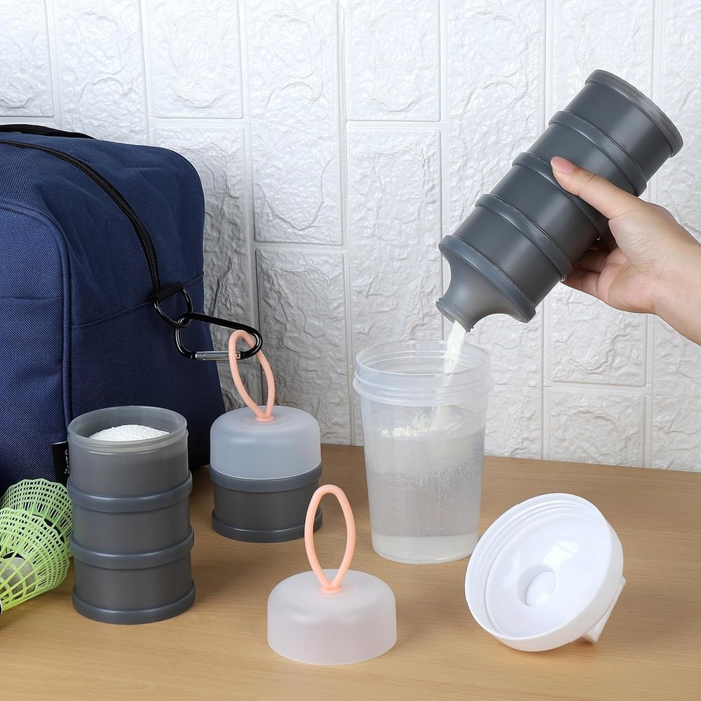 2 Pcs Protein Powder Container to Go with Funnels Stand, 4 Compartments Stackabl