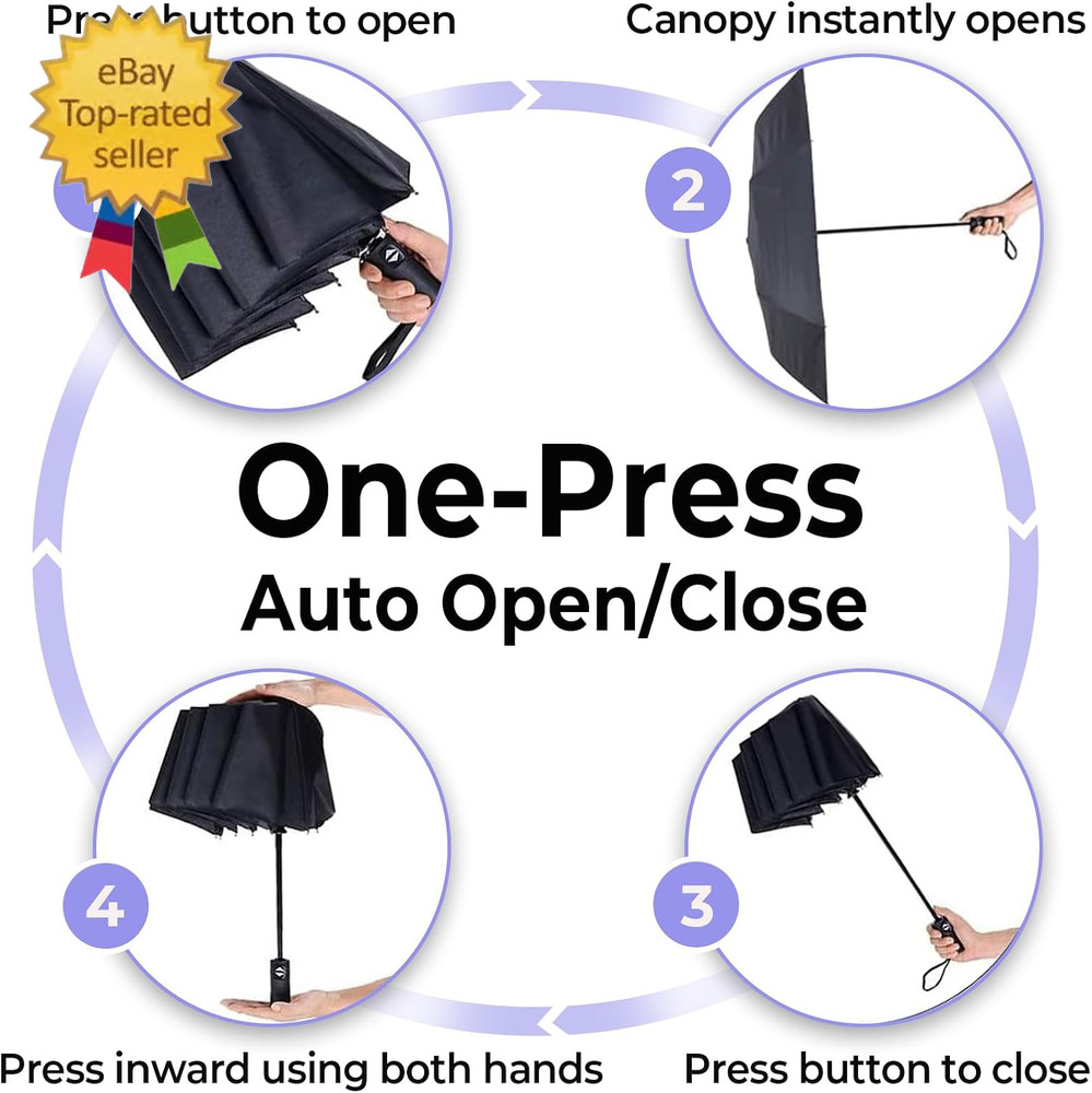 Compact Travel Umbrella, 44" Canopy, Automatic Open/Close Windproof Umbrella